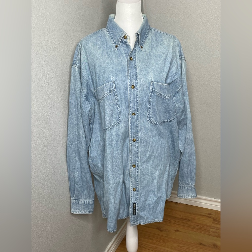 J Riggings Button Up Shirt Mens Large Light Denim Long Sleeve Casual Pockets